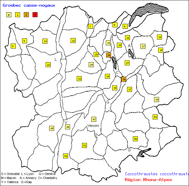 Carte des districts de Rhne-Alpes et rpartition d'une espce d'oiseau: Grosbec casse-noyaux (Coccothraustes coccothraustes (L.))