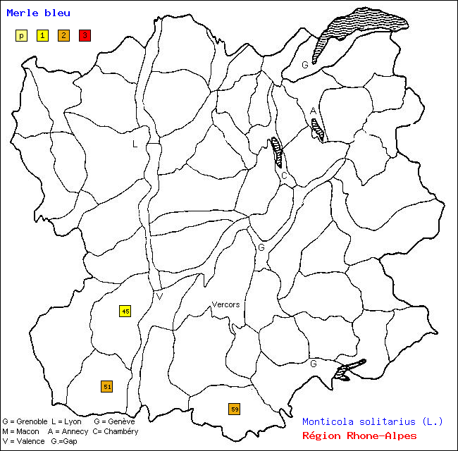 Carte des districts de Rhne-Alpes et rpartition d'une espce d'oiseau: Merle bleu (Monticola solitarius (L.))