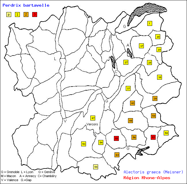 Carte des districts de Rhne-Alpes et rpartition d'une espce d'oiseau: Perdrix bartavelle (Alectoris graeca (Meisner))