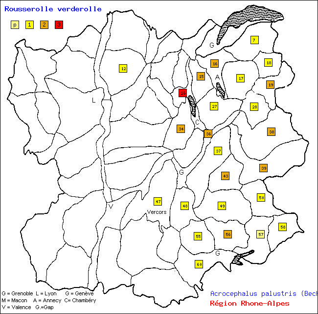 Carte des districts de Rhne-Alpes et rpartition d'une espce d'oiseau: Rousserolle verderolle (Acrocephalus palustris (Bechst.))