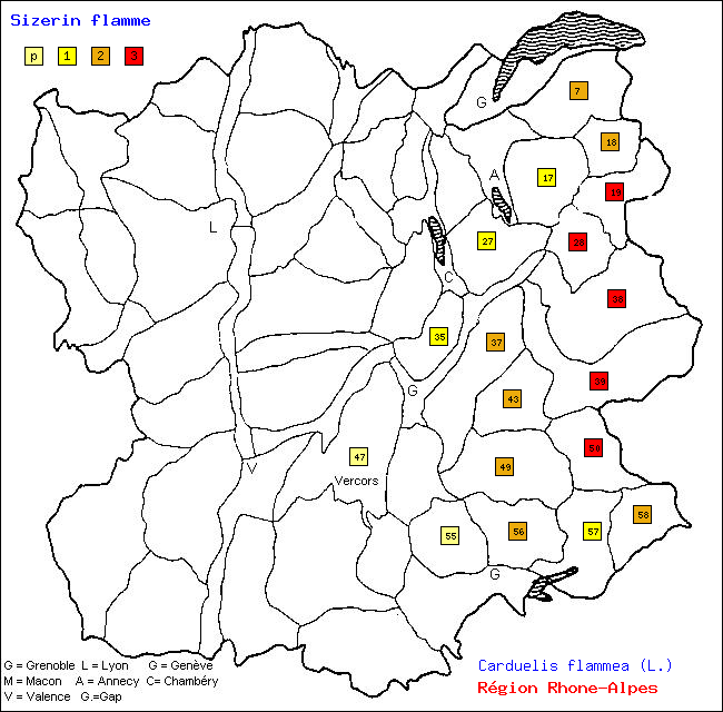 Carte des districts de Rhne-Alpes et rpartition d'une espce d'oiseau: Sizerin flamm (Carduelis flammea (L.))