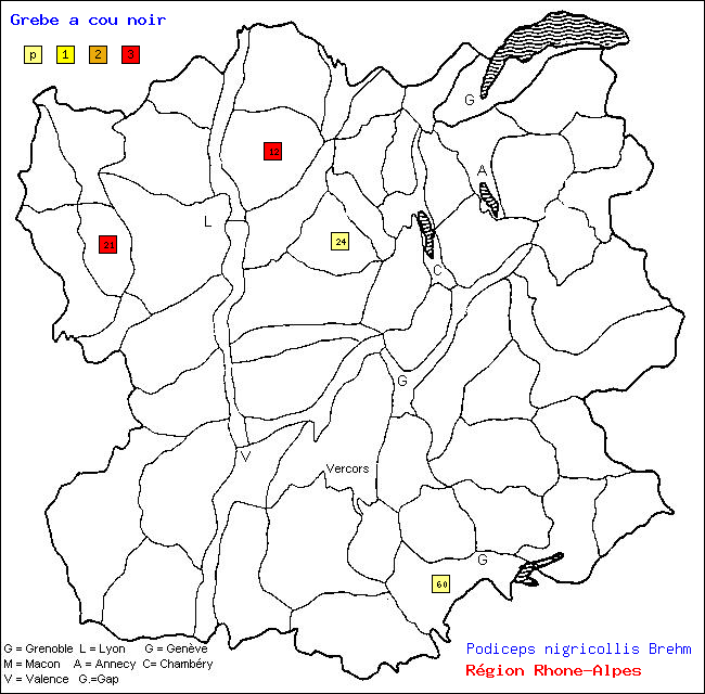 Carte des districts de Rhne-Alpes et rpartition d'une espce d'oiseau: Grbe  cou noir (Podiceps nigricollis Brehm)