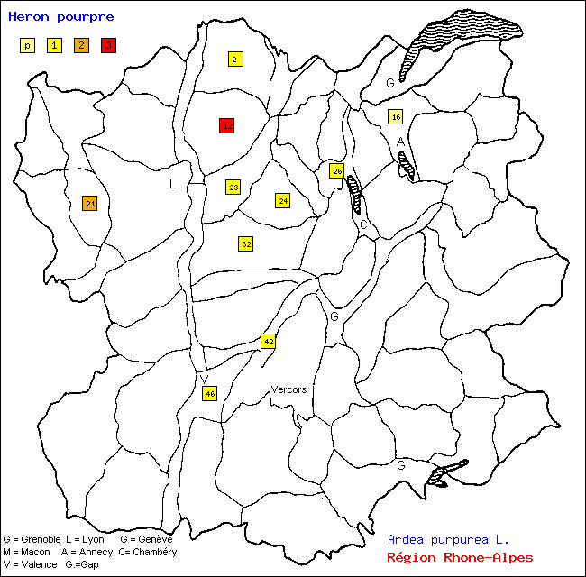 Carte des districts de Rhne-Alpes et rpartition d'une espce d'oiseau: Hron pourpr (Ardea purpurea L.)