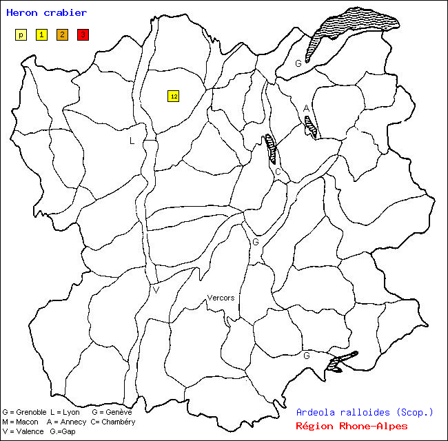 Carte des districts de Rhne-Alpes et rpartition d'une espce d'oiseau: Hron crabier (Ardeola ralloides (Scop.))