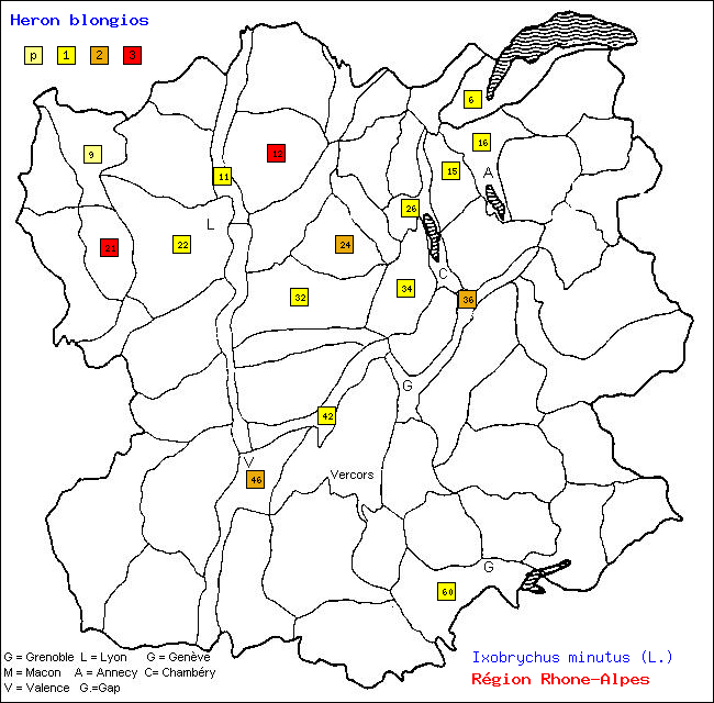 Carte des districts de Rhne-Alpes et rpartition d'une espce d'oiseau: Hron blongios (Ixobrychus minutus (L.))