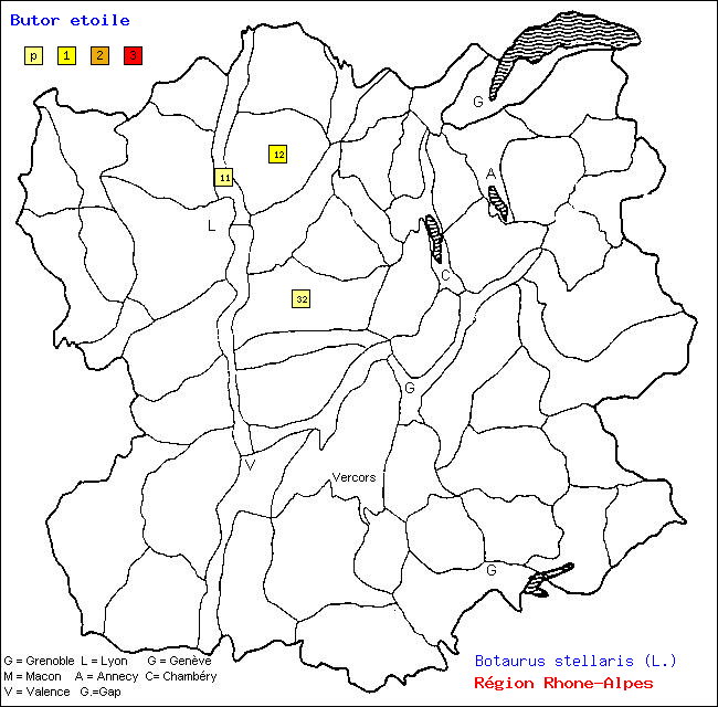 Carte des districts de Rhne-Alpes et rpartition d'une espce d'oiseau: Butor toil (Botaurus stellaris (L.))