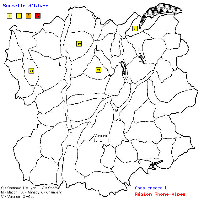 Carte des districts de Rhne-Alpes et rpartition d'une espce d'oiseau: Sarcelle d