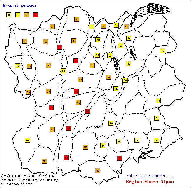 Bruant proyer - Emberiza calandra L.. Carte de rpartition des oiseaux en rgion Rhne-Alpes