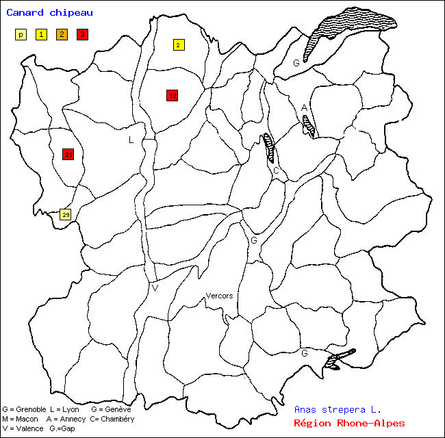 Carte des districts de Rhne-Alpes et rpartition d'une espce d'oiseau: Canard chipeau (Anas strepera L.)