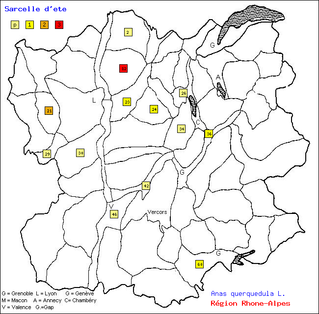 Carte des districts de Rhne-Alpes et rpartition d'une espce d'oiseau: Sarcelle d