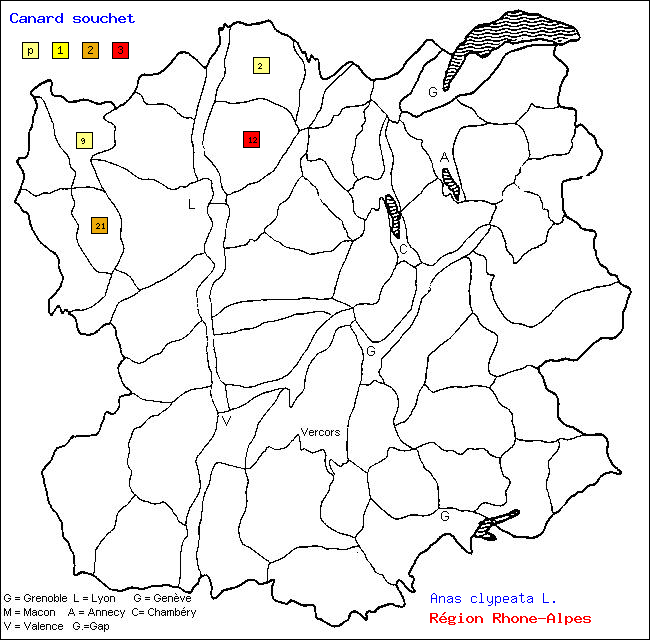 Carte des districts de Rhne-Alpes et rpartition d'une espce d'oiseau: Canard souchet (Anas clypeata L.)