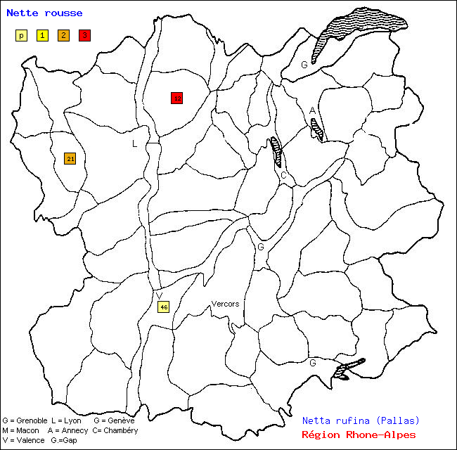 Carte des districts de Rhne-Alpes et rpartition d'une espce d'oiseau: Nette rousse (Netta rufina (Pallas))