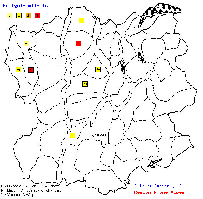 Carte des districts de Rhne-Alpes et rpartition d'une espce d'oiseau: Fuligule milouin (Aythyna ferina (L.))