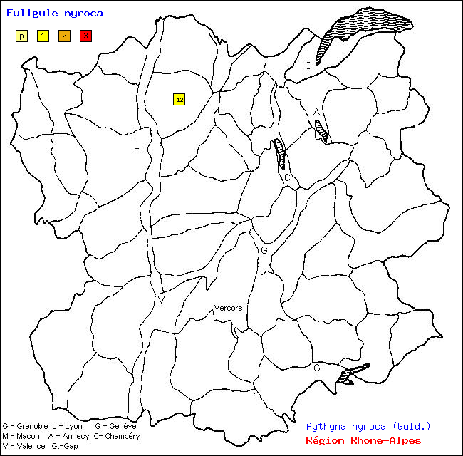 Carte des districts de Rhne-Alpes et rpartition d'une espce d'oiseau: Fuligule nyroca (Aythyna nyroca (Gld.))