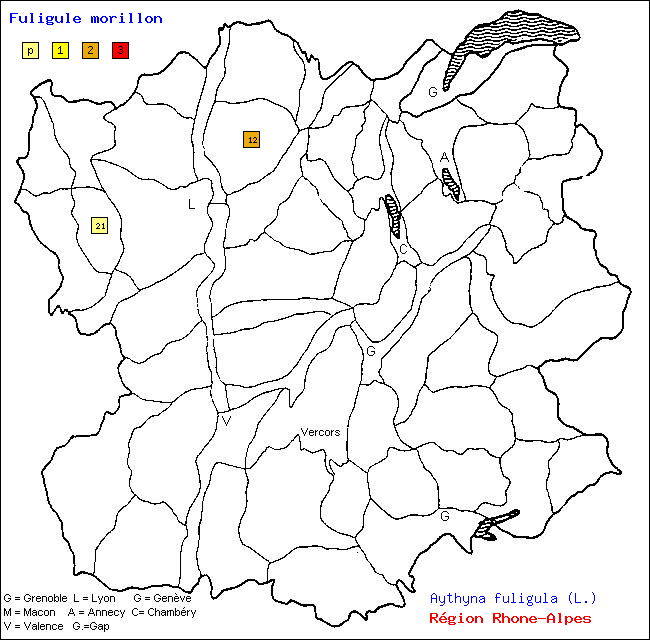 Carte des districts de Rhne-Alpes et rpartition d'une espce d'oiseau: Fuligule morillon (Aythyna fuligula (L.))