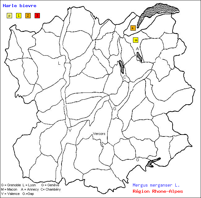 Carte des districts de Rhne-Alpes et rpartition d'une espce d'oiseau: Harle bivre (Mergus merganser L.)