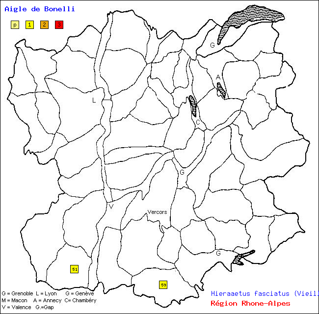 Carte des districts de Rhne-Alpes et rpartition d'une espce d'oiseau: Aigle de Bonelli (Hieraaetus fasciatus (Vieillot))