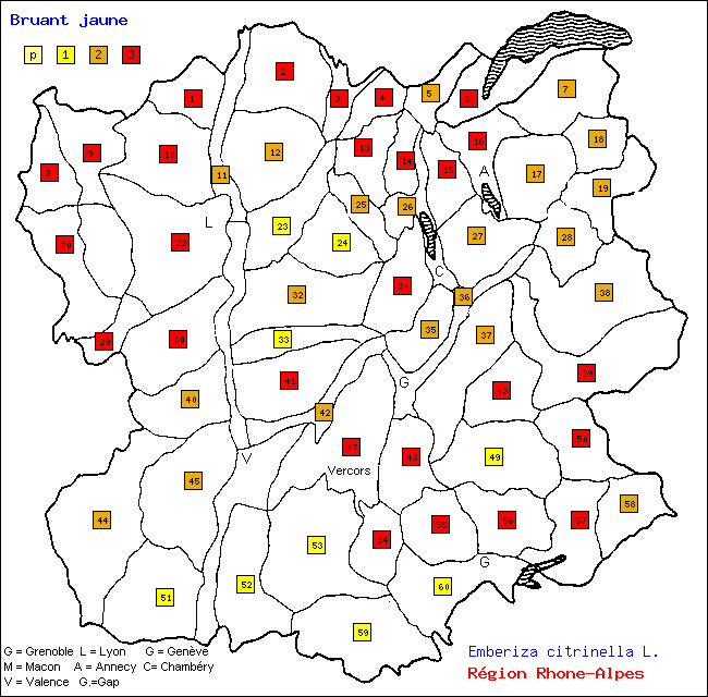 Bruant jaune - Emberiza citrinella L.. Carte de rpartition des oiseaux en rgion Rhne-Alpes