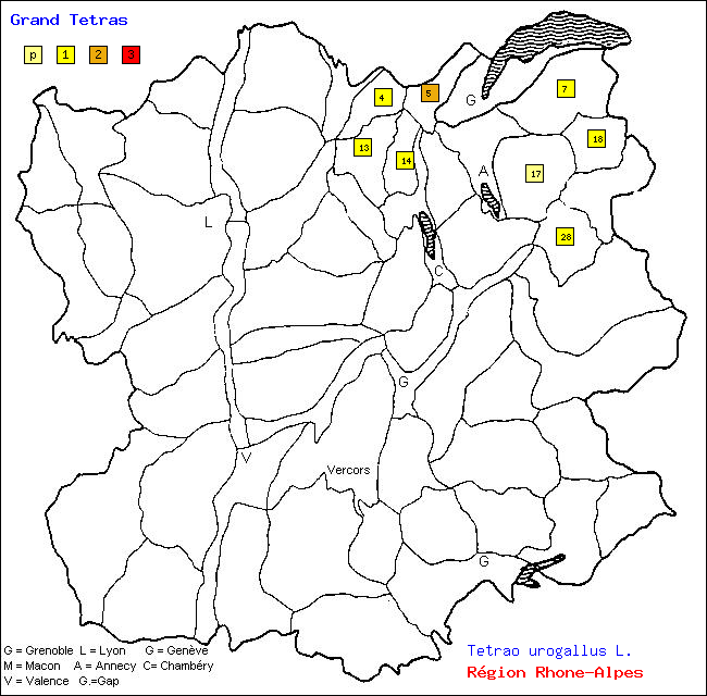 Carte des districts de Rhne-Alpes et rpartition d'une espce d'oiseau: Grand Ttras (Tetrao urogallus L.)