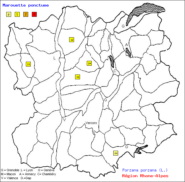 Carte des districts de Rhne-Alpes et rpartition d'une espce d'oiseau: Marouette ponctue (Porzana porzana (L.))