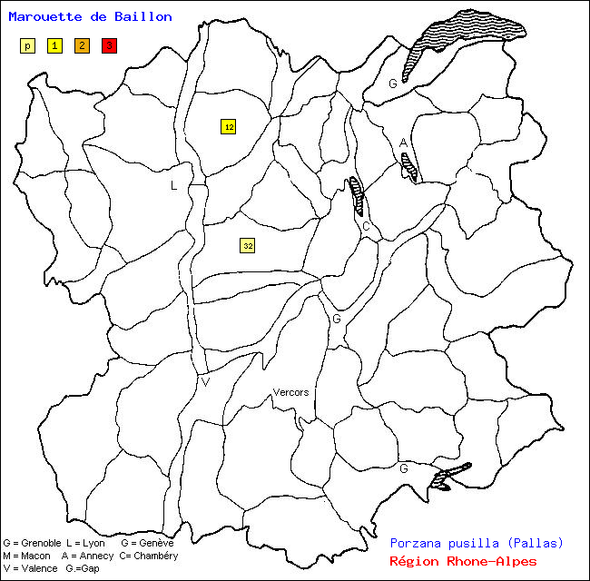 Carte des districts de Rhne-Alpes et rpartition d'une espce d'oiseau: Marouette de Baillon (Porzana pusilla (Pallas))
