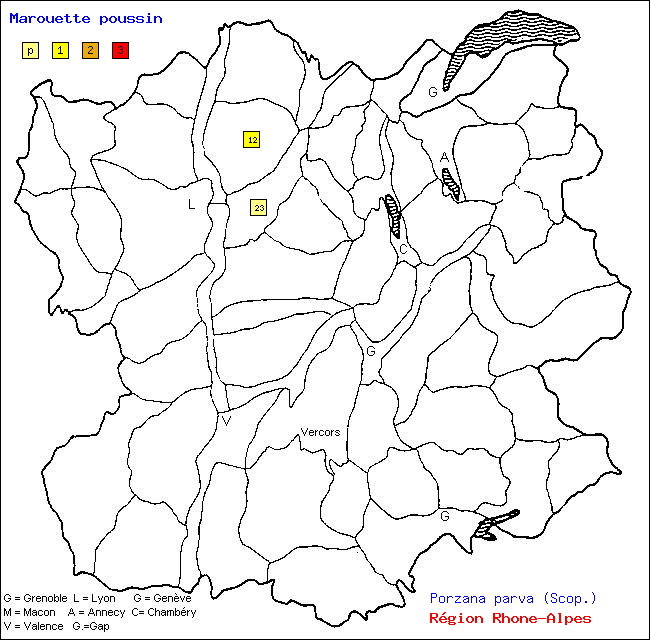 Carte des districts de Rhne-Alpes et rpartition d'une espce d'oiseau: Marouette poussin (Porzana parva (Scop.))