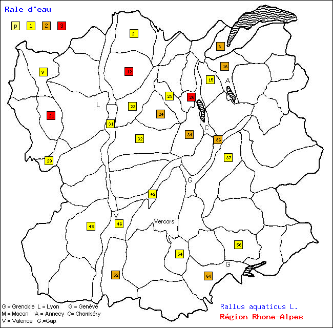 Carte des districts de Rhne-Alpes et rpartition d'une espce d'oiseau: Rle d