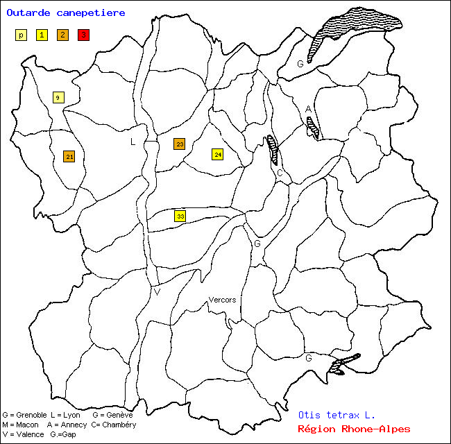 Carte des districts de Rhne-Alpes et rpartition d'une espce d'oiseau: Outarde canepetire (Otis tetrax L.)