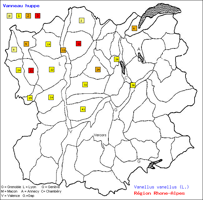 Carte des districts de Rhne-Alpes et rpartition d'une espce d'oiseau: Vanneau hupp (Vanellus vanellus (L.))