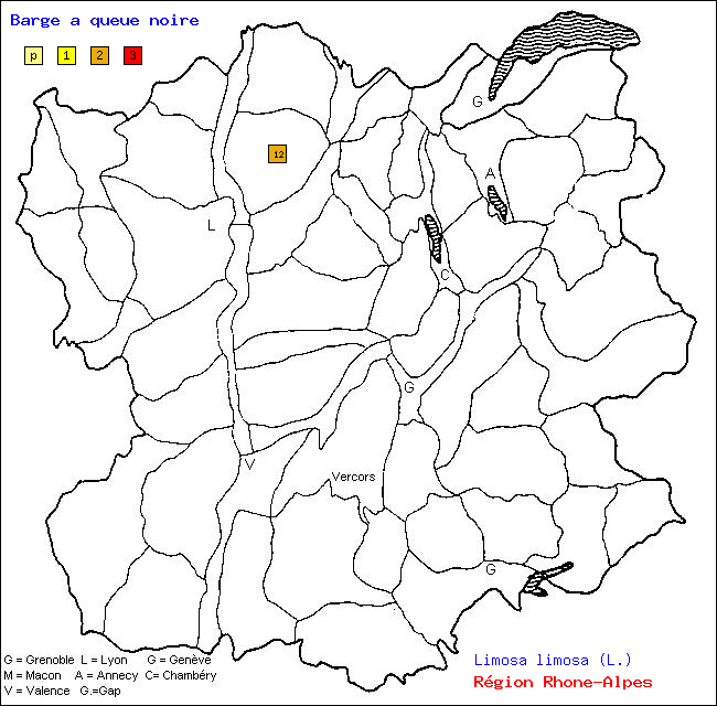 Carte des districts de Rhne-Alpes et rpartition d'une espce d'oiseau: Barge  queue noire (Limosa limosa (L.))