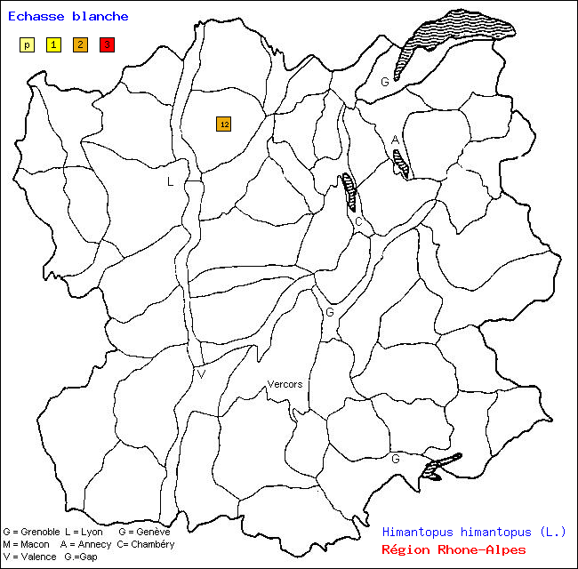 Carte des districts de Rhne-Alpes et rpartition d'une espce d'oiseau: Echasse blanche (Himantopus himantopus (L.))