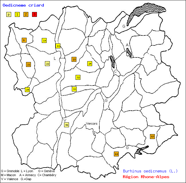 Carte des districts de Rhne-Alpes et rpartition d'une espce d'oiseau: Oedicnme criard (Burhinus oedicnemus (L.))