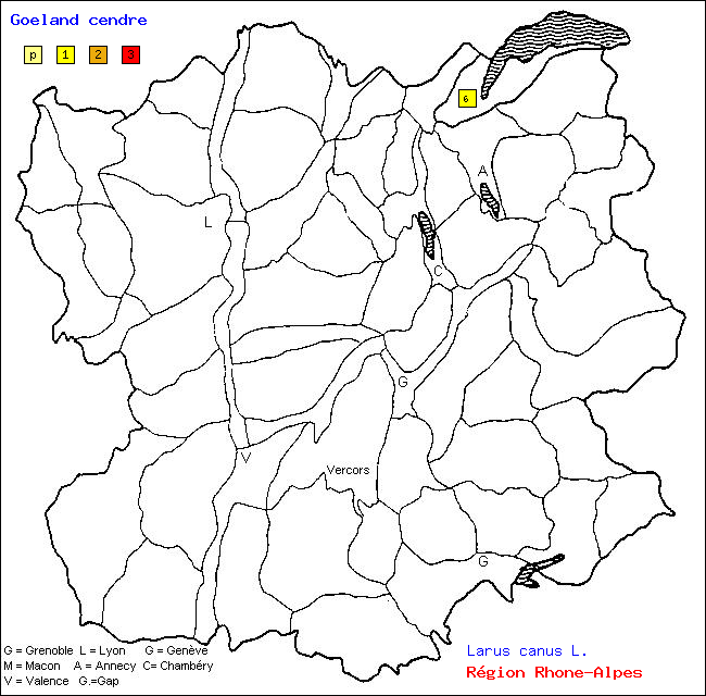 Carte des districts de Rhne-Alpes et rpartition d'une espce d'oiseau: Goland cendr (Larus canus L.)