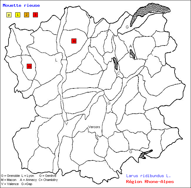 Carte des districts de Rhne-Alpes et rpartition d'une espce d'oiseau: Mouette rieuse (Larus ridibundus L.)