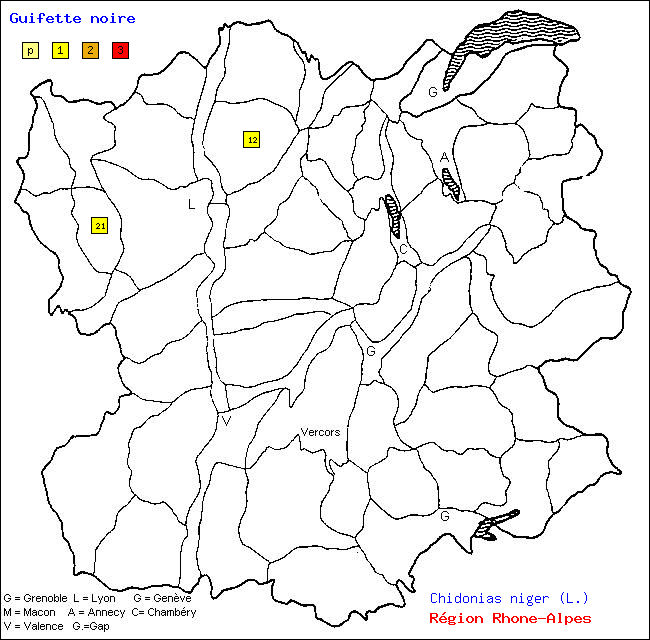 Carte des districts de Rhne-Alpes et rpartition d'une espce d'oiseau: Guifette noire (Chidonias niger (L.))