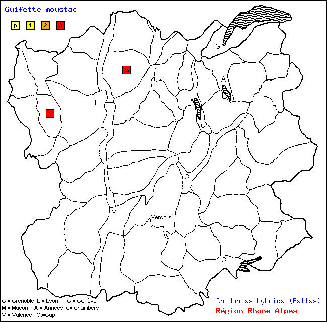 Carte des districts de Rhne-Alpes et rpartition d'une espce d'oiseau: Guifette moustac (Chidonias hybrida (Pallas))