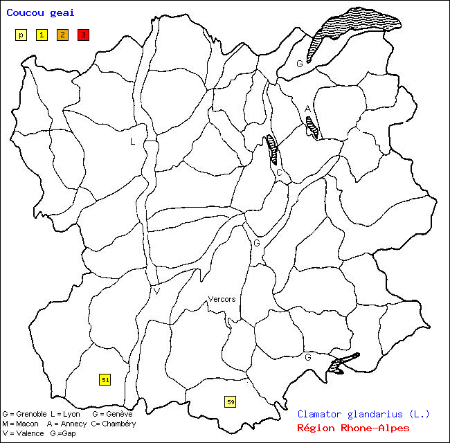 Carte des districts de Rhne-Alpes et rpartition d'une espce d'oiseau: Coucou geai (Clamator glandarius (L.))