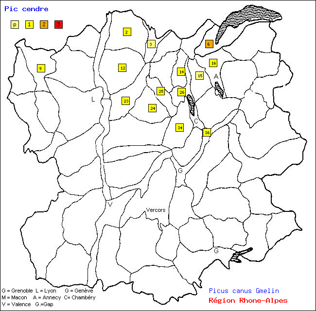Carte des districts de Rhne-Alpes et rpartition d'une espce d'oiseau: Pic cendr (Picus canus Gmelin)