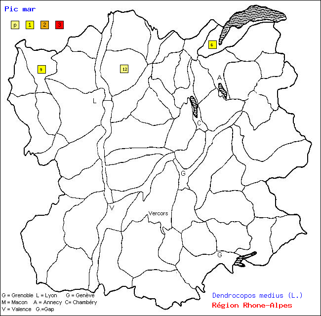 Carte des districts de Rhne-Alpes et rpartition d'une espce d'oiseau: Pic mar (Dendrocopos medius (L.))