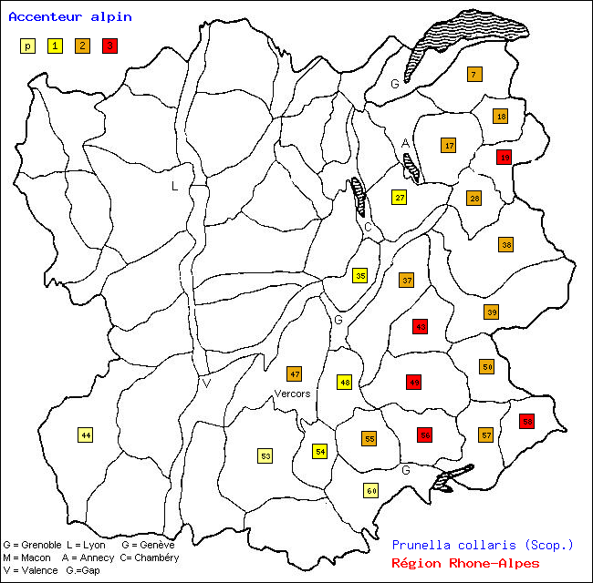 Carte des districts de Rhne-Alpes et rpartition d'une espce d'oiseau: Accenteur alpin (Prunella collaris (Scop.))