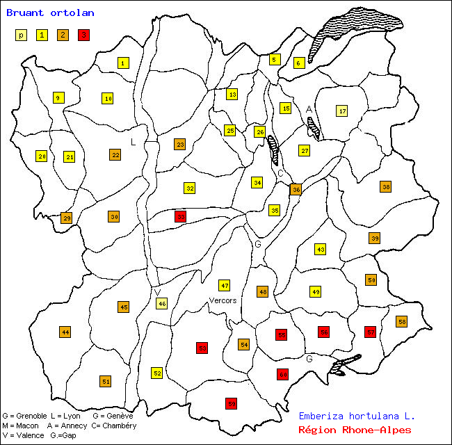 Carte des districts de Rhne-Alpes et rpartition d'une espce d'oiseau: Bruant ortolan (Emberiza hortulana L.)