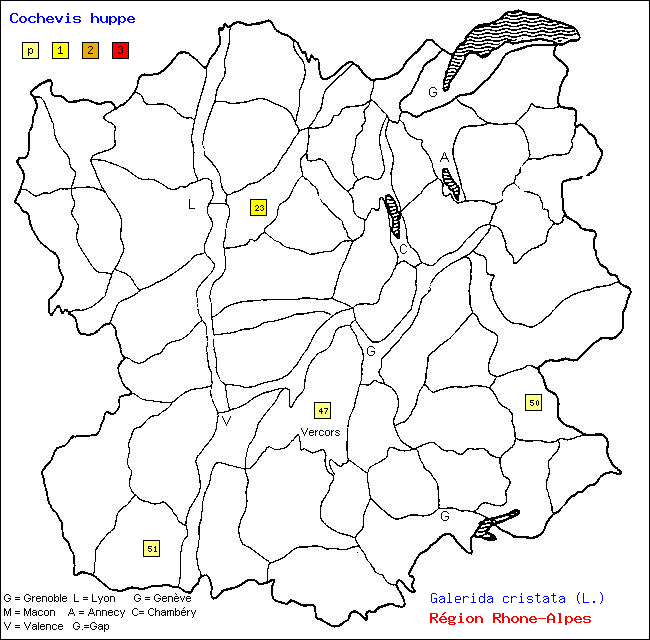 Carte des districts de Rhne-Alpes et rpartition d'une espce d'oiseau: Cochevis hupp (Galerida cristata (L.))