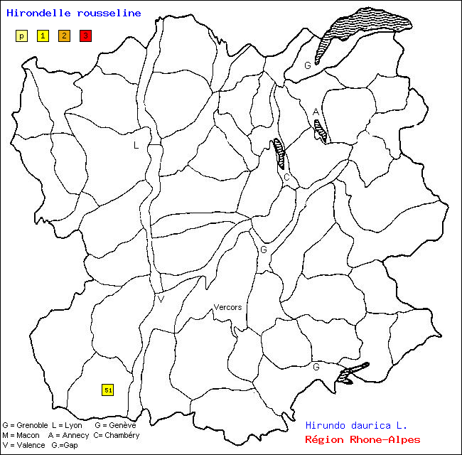 Carte des districts de Rhne-Alpes et rpartition d'une espce d'oiseau: Hirondelle rousseline (Hirundo daurica L.)