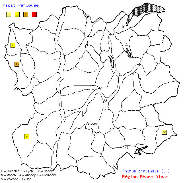 Carte des districts de Rhne-Alpes et rpartition d'une espce d'oiseau: Pipit farlouse (Anthus pratensis (L.))
