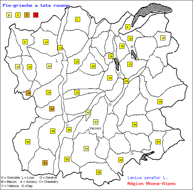 Carte des districts de Rhne-Alpes et rpartition d'une espce d'oiseau: Pie-griche  tte rousse (Lanius senator L.)
