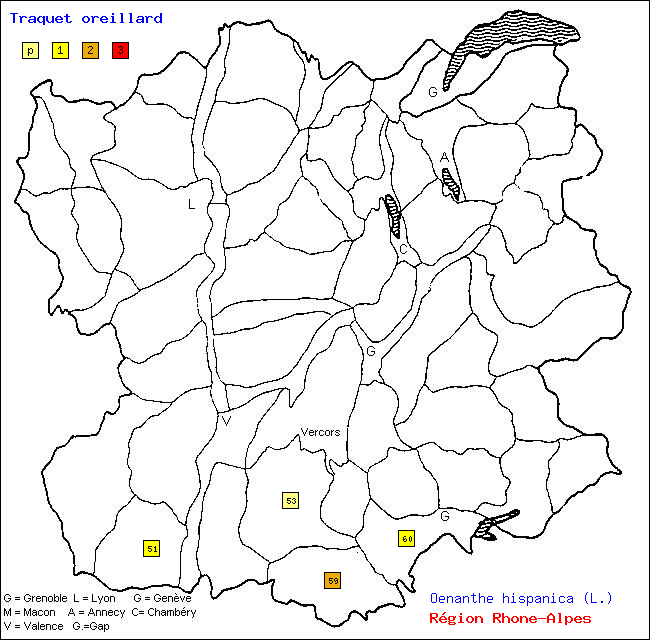 Carte des districts de Rhne-Alpes et rpartition d'une espce d'oiseau: Traquet oreillard (Oenanthe hispanica (L.))