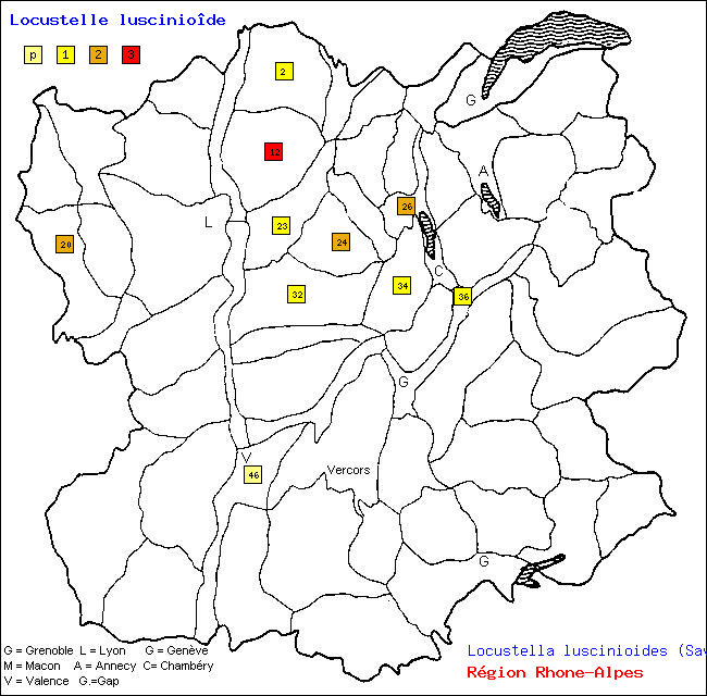 Carte des districts de Rhne-Alpes et rpartition d'une espce d'oiseau: Locustelle lusciniode (Locustella luscinioides (Savi))