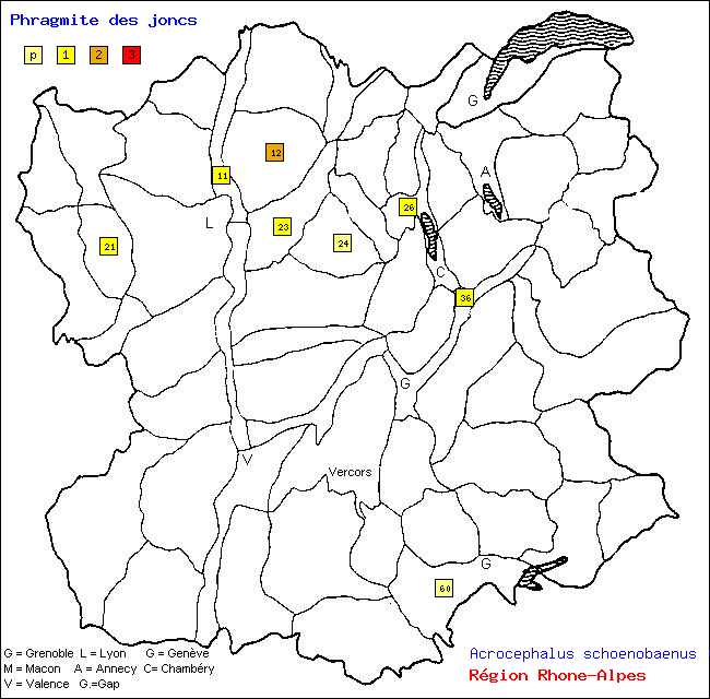 Carte des districts de Rhne-Alpes et rpartition d'une espce d'oiseau: Phragmite des joncs (Acrocephalus schoenobaenus (L.))