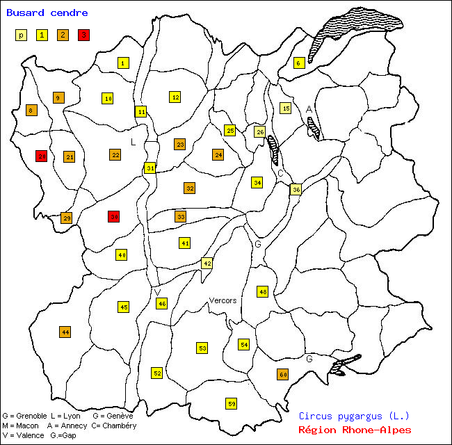 Carte des districts de Rhne-Alpes et rpartition d'une espce d'oiseau: Busard cendr (Circus pygargus (L.))