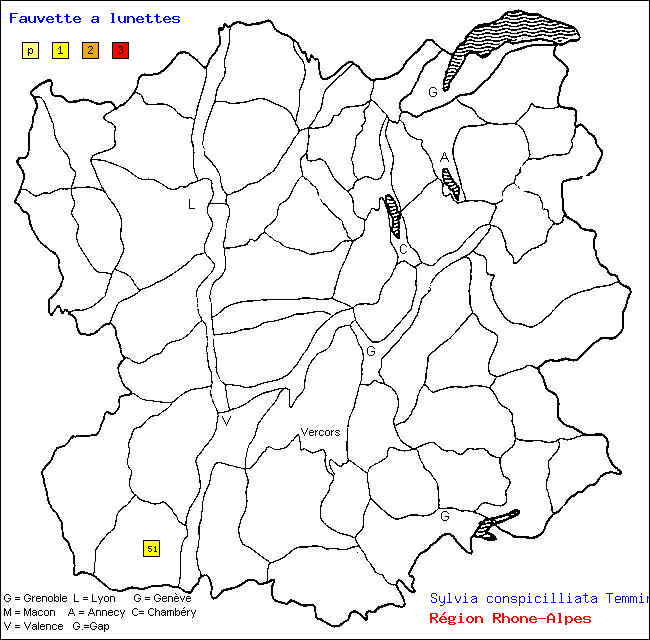 Carte des districts de Rhne-Alpes et rpartition d'une espce d'oiseau: Fauvette  lunettes (Sylvia conspicilliata Temminck)